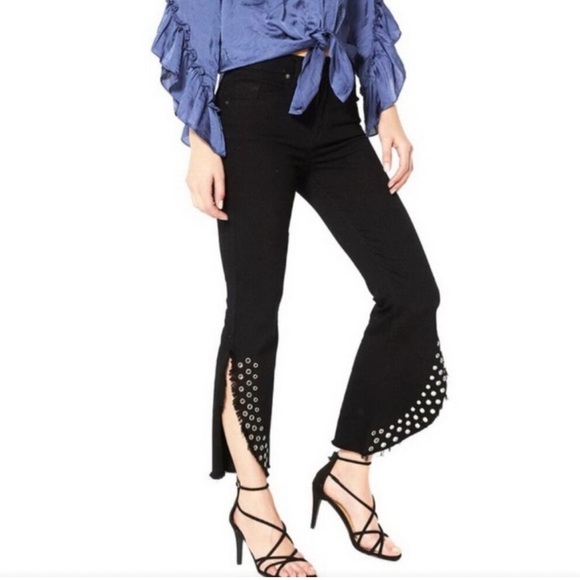 NWT MISA LOS ANGELES SUPERSTAR CROPPED FLARE GROMMET FRINGE JEANS SIZE 28 - Picture 1 of 7